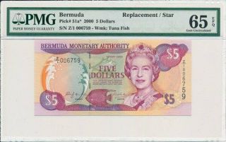 Monetary Authority Bermuda $5 2000 Replacement/star Pmg 65epq