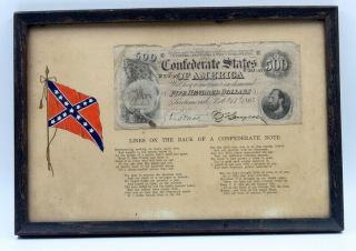 Framed 1864 Confederate States Of America 500 Dollar Bill - Nr 6223