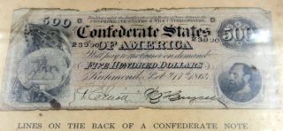 FRAMED 1864 CONFEDERATE STATES OF AMERICA 500 DOLLAR BILL - NR 6223 5