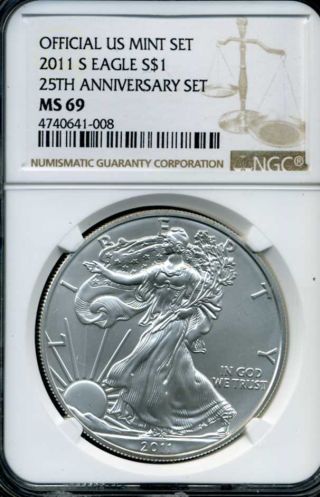 2011 S Marked Silver Eagle Ngc Ms69 U.  S.  25th Anniversary Set