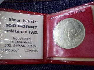 Hungary 200th Anniversary Of Simon Bolivar 100 Forint Coin 1983 Bu Bp