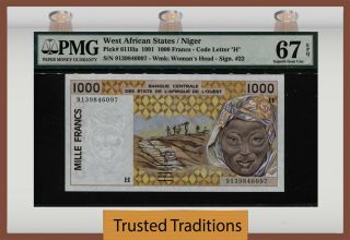 Tt Pk 611ha 1991 West African States /niger 1000 Francs Pmg 67 Epq Top & Finest