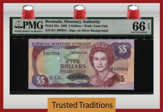 Tt Pk 35a 1989 Bermuda 5 Dollars Queen Elizabeth Ii " 3 Digit S/n 304 " Pmg 66q