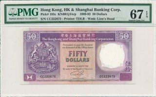 Hong Kong Bank Hong Kong $50 1992 S/no 222xxx Pmg 67epq