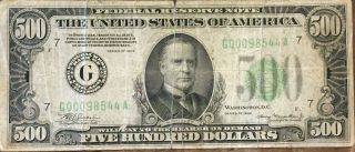 $500.  00 Dollar Bill Series Of 1934 Federal Reserve Note Chicago Illinois