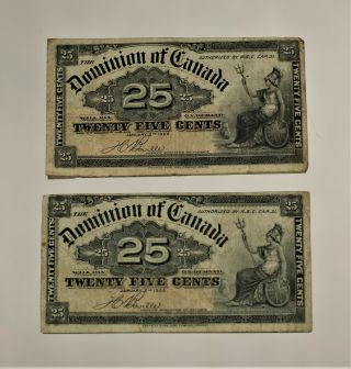 2 Vintage 1900 Dominion Of Canada Twenty Five Cent Bank Notes,  Boville A - 979