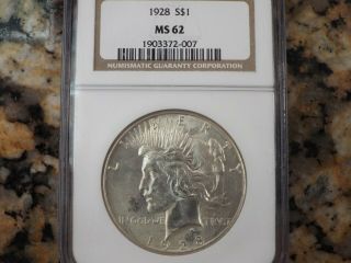 $520 Value 1928 - P Peace Silver Dollar,  Ngc Ms - 62