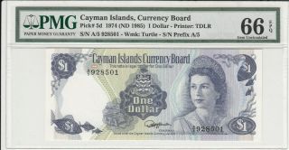 Cayman Islands 1 Dollar 1974 (nd 1985) P - 5d Pmg Gem Unc 66 Epq