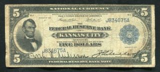 Fr.  800 1915 $5 Five Dollars Frbn Federal Reserve Bank Note Kansas City,  Mo Vf