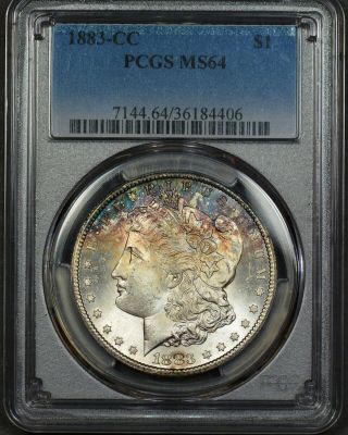 Colorful 1883 - Cc $1 Morgan Silver Dollar Pcgs Ms - 64 Blue Crescent