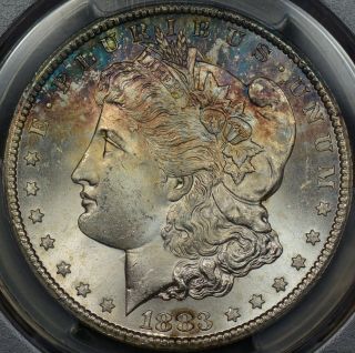Colorful 1883 - CC $1 Morgan Silver Dollar PCGS MS - 64 Blue Crescent 2