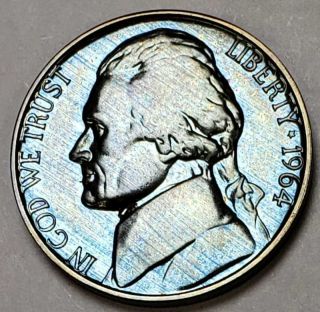1964 Jefferson Nickel Bu Unc Blue Color Toned Coin With Great Luster