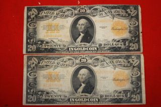 Pair X 1922 20 Dollar Gold Certificate Washington Speelman/white