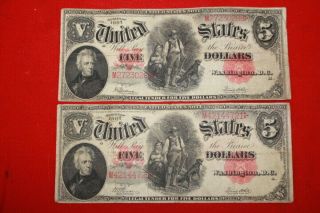 Pair X 1907 $5 United States Note Red Seal Wood Chopper Currency