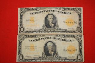 Pair X 1922 Usa $10 Dollars Usa Gold Certificate Large Note Ten Dollars Currency