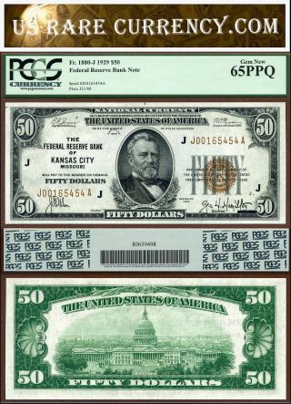 1929 $50 Federal Reserve Bank Note Pcgs Gem 65ppq Kansas City Missouri