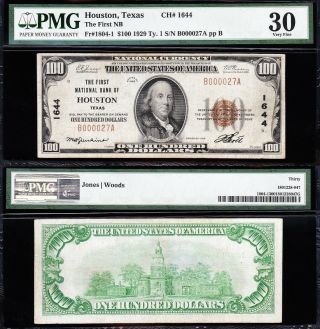 Awesome Scarce Bold Choice Vf,  1929 $100 Houston,  Tx National Note Pmg 30