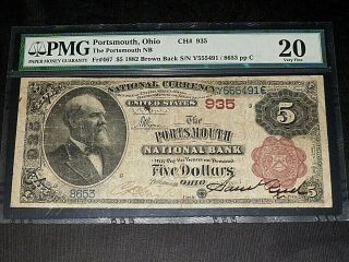 Fr 467,  1882 Brown Back,  $5,  Portsmouth Ohio National Bank,  Ch 935,  Pmg Vf - 20
