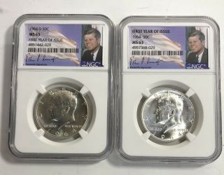 1964 P & D Ngc Ms63 Silver Kennedy Half Dollar 1st Year Issue Jfk Signature Pair