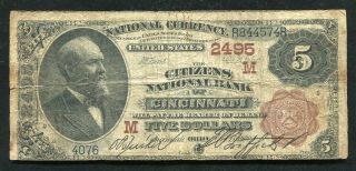 1882 $5 Bb Citizens National Bank Of Cincinnati,  Oh National Currency Ch.  2495