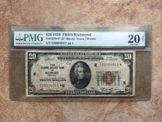 1929 $20 National Currency Star Note Richmond Pmg Certified Low S/n E00004041