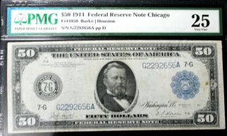 1914 $50 Federal Reserve Bank Note Fr.  1050 Pmg 25 Very Fine Vf Burke| Houston