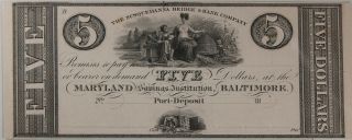 1830s Baltimore,  Md $5 Susquehanna Bridge & Bank Co Note Unissued Proof Ch Cu - 64