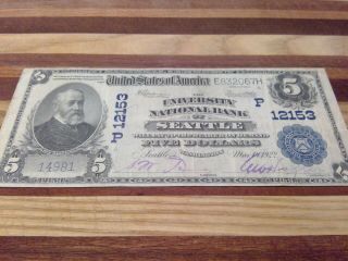 12153 1902 Large Size $5 University National Bank Of Seattle Note Plain Back