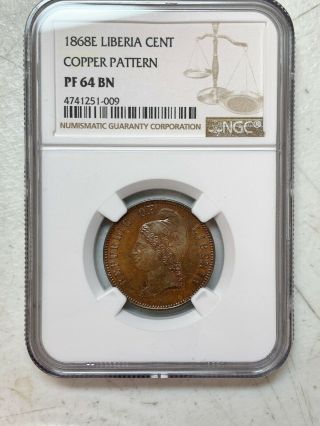 1868 E Liberia 1 One Cent Proof Copper Pattern Coin - Ngc Pf 64 Bn -