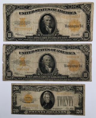1928 $20 & Two 1922 $10 Dollar United States Gold Coin Certificate Large Notes