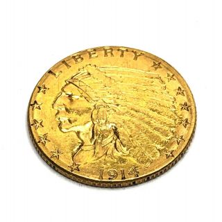 2 1/2 Dollar Gold Indian Head Coin 1914 D Denver $2.  5 Quarter Eagle US 5