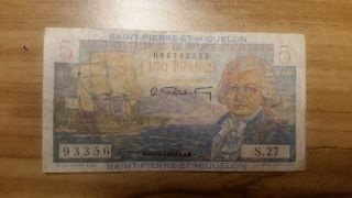 Saint Pierre & Miquelon 5 Francs Bank Note.  1950