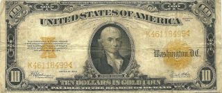 1922 $10 Gold Certificate - Large Size Currency Of The " Roaring 