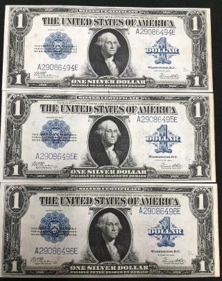 3 - 1923 $1 Silver Certificates Consecutively Numbered Large Size Currency Unci