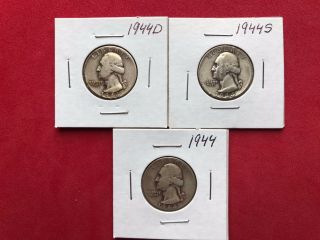1944 - 1944s - 1944d Washington Silver Quarter - Set Of 3 Coins
