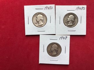 1948 - 1948s - 1948d Washington Silver Quarter - Set Of 3 Coins