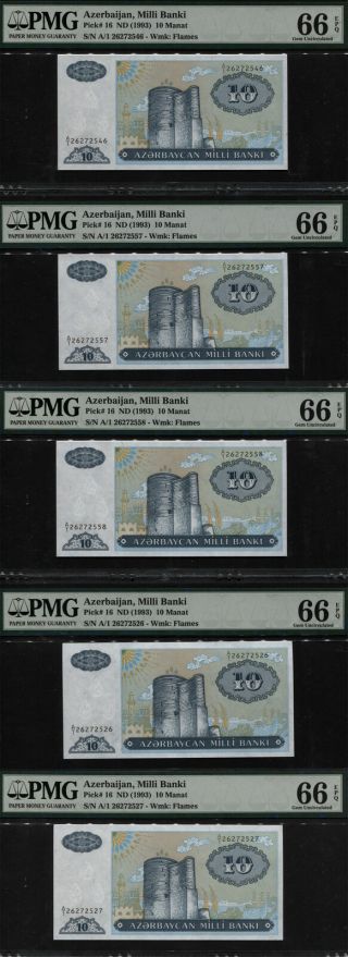Tt Pk 16 Nd (1993) Azerbaijan Milli Banki 10 Manat Pmg 66q Gem Unc Set Of Five