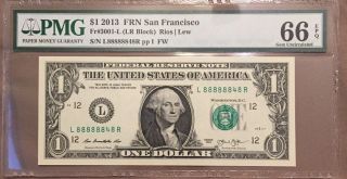 2013 $1 Fancy Serial Number Near Solid L88888848r Pmg 66 Epq Gem Uncirculated