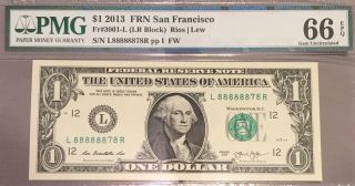 2013 $1 Fancy Serial Number Near Solid Seven Of A Kind L88888878r Gem Unc Pmg 66
