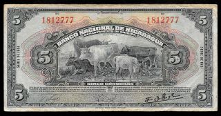 World Paper Money - Nicaragua 5 Cordobas 1951 P93c @ F - Vf Cond.