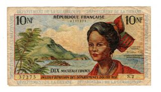 French Antilles 10 Nouveaux Francs Issued 1963 P5a Fine