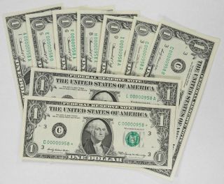 Series 1969 / 1974 Federal Reserve Notes $1 9 Matching Serial Numbers Gem Cu