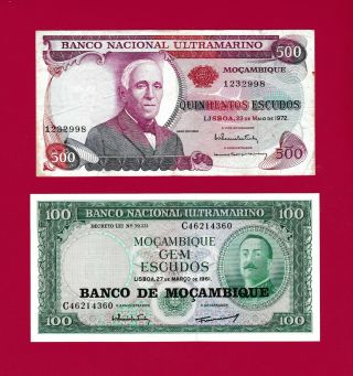 Scarce Mozambique Notes: 100 Escudos 1961 (p - 117) & 500 Escudos 1972 (p - 114)