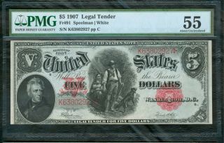 $5 Legal Tender,  Series 1907,  Pmg Au55