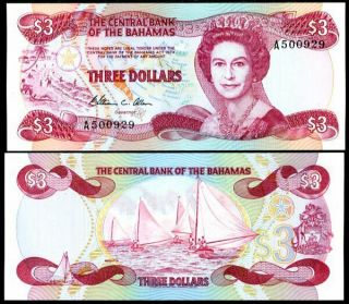 Bahamas 3 Dollars 1974 (1984) P 44 Qe Ii Unc Nr