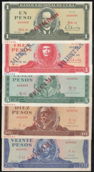 Caribbean 1,  3,  5,  10,  20 Pesos Banco Nacional (p102,  103,  104,  105,  107) Specimen