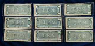 Nine 1864 Uncirculated T - 68 Confederate $10 Notes | Sequential Serial Numbers 10
