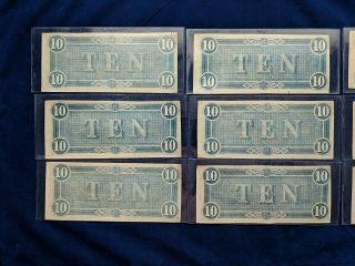 Nine 1864 Uncirculated T - 68 Confederate $10 Notes | Sequential Serial Numbers 11