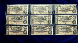 Nine 1864 Uncirculated T - 68 Confederate $10 Notes | Sequential Serial Numbers