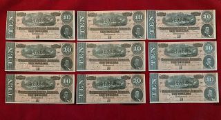 Nine 1864 Uncirculated T - 68 Confederate $10 Notes | Sequential Serial Numbers 2